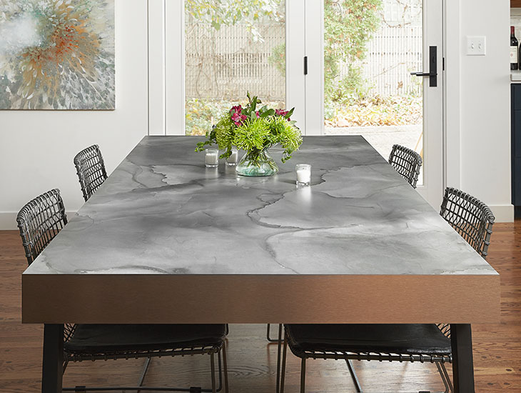 5017 11 Watercolor Steel, M2126 Brushed Bronzetoned Aluminum dining room table with flowers