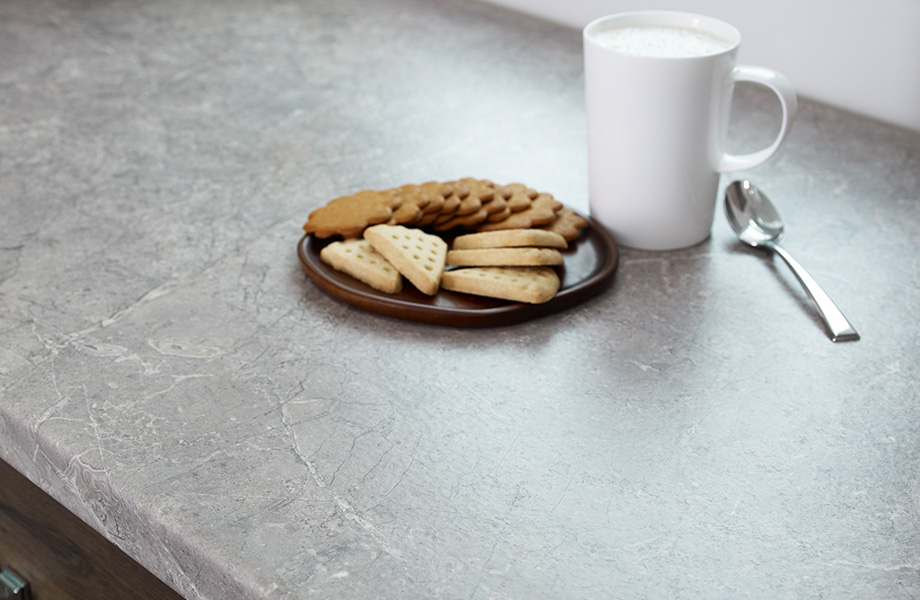 Counter with cookies and milk 7413 Planked Coffee Oak 7406 marmara Beige Formica Laminate