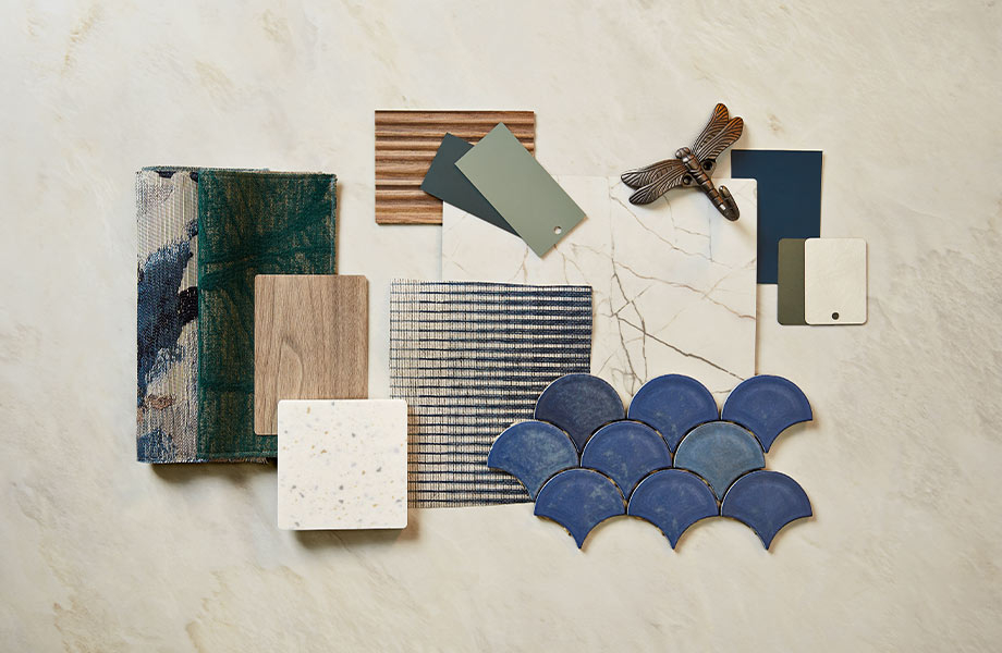 Paleta de diseño con muestras de tela azules, verdes, marrones y crema, azulejos y maderas de Formica Group, Arpa Industriale y Materiales Innovadores FENIX 