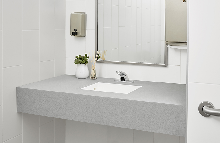 Cubierta de baño de Superficie sólida gris 415 Luna Steel y tarja integrada con espejo
