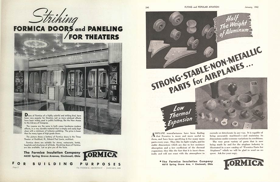 Anuncios de revistas en blanco y negro de 1939 y 1942 resaltando productos Marca Formica para puertas de teatros y aviones. 