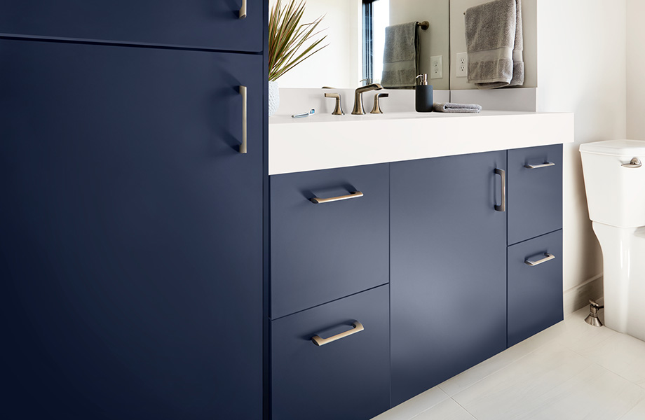 FENIX Blu Fes super matte cabinetry with Bianco Male countertops in bathroom