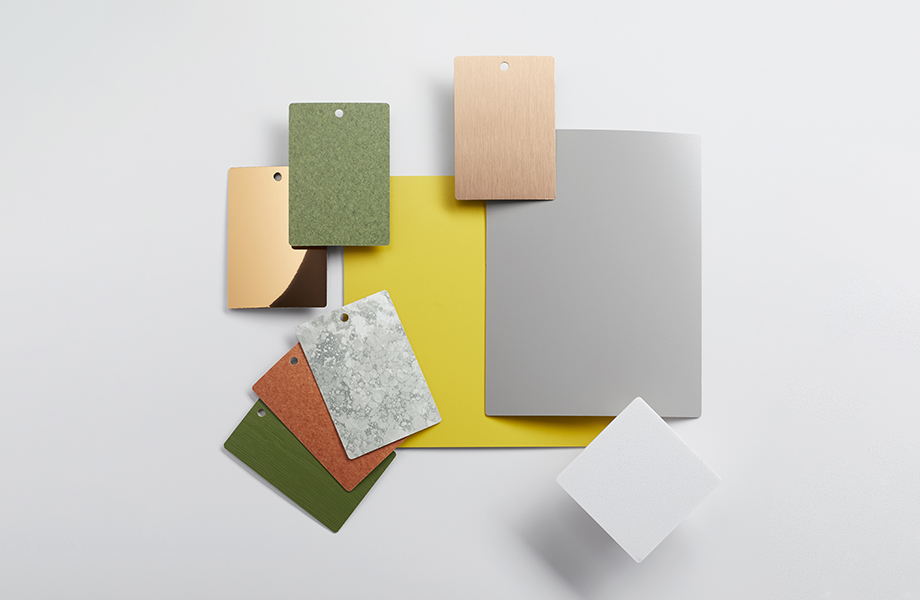 Colección de muestras de laminado Formica en verde, gris y amarillo