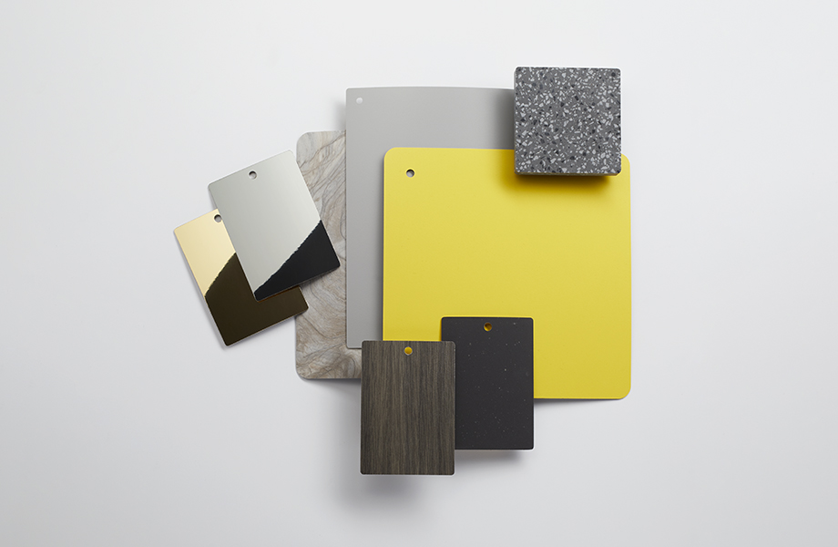 Colección de muestras de laminado Formica en gris, amarillo y metálico