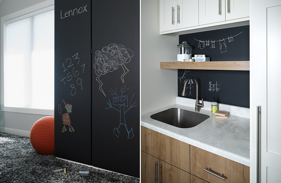 Formica Writable Surfaces showing the Chalkboard texture on a wall and bar backsplash