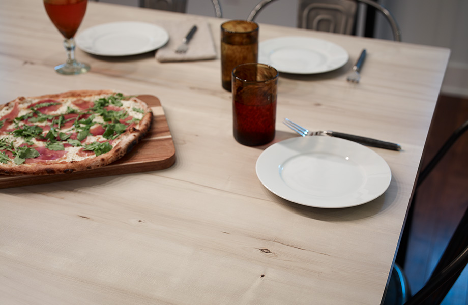 Table top with dishes and pizza 7410 White Knotty Maple 180fx