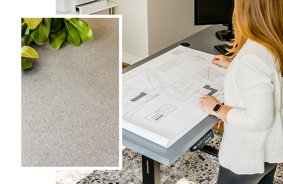 Designer working at a laminate desk and close up of surface