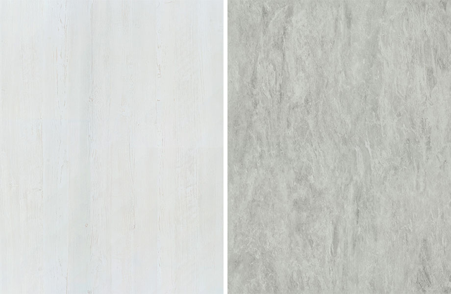 Agencement grain de bois et pierre : Bois Peint Blanc et Bardiglio Blanc