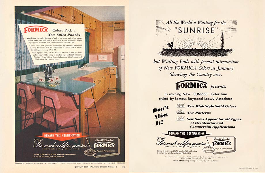 Deux publicités des années 1950 faisant la promotion de la gamme de stratifié de marque Formica « Sunrise » 