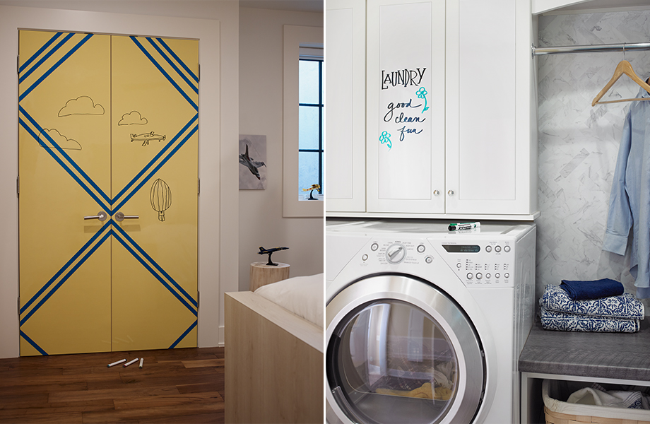 Formica Writable Surfaces showing the Gloss texture on a bedroom door and laundry cabinet