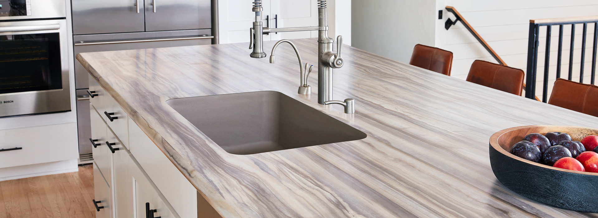 Kitchen island with fruit and sink