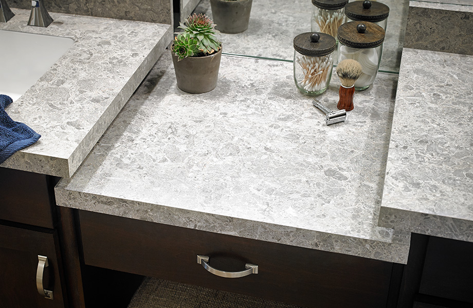 Vanity in bathroom by sink 9307 Silver Shalestone Formica Laminate